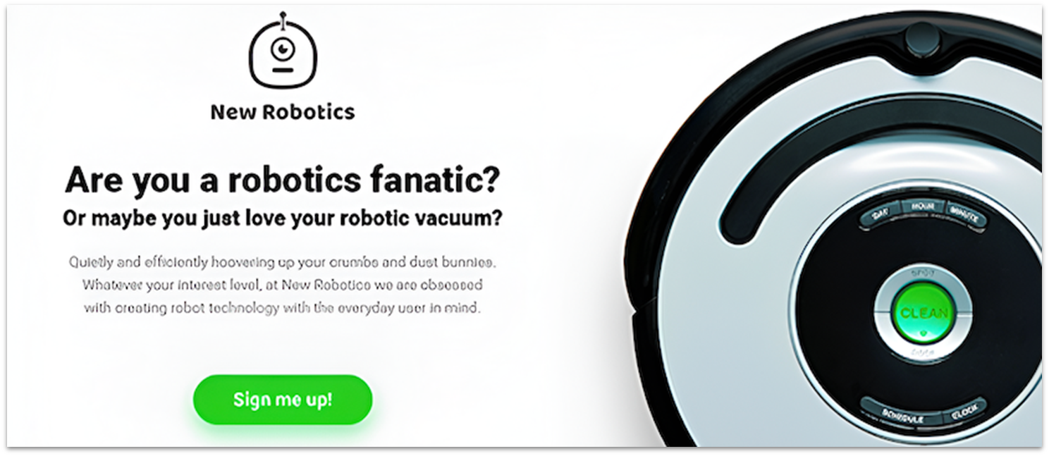 GetResponse's landing page template, showing a robot vacuum and a green CTA button.