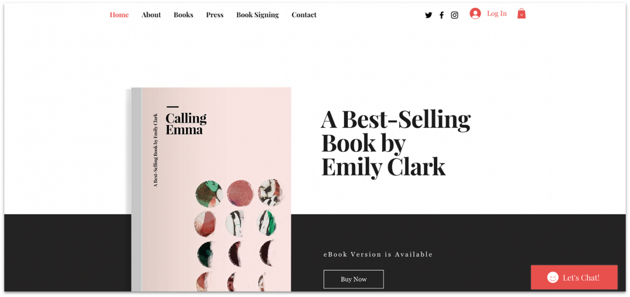 Homepage of Wix's author template, showing a pink book and the author's name.