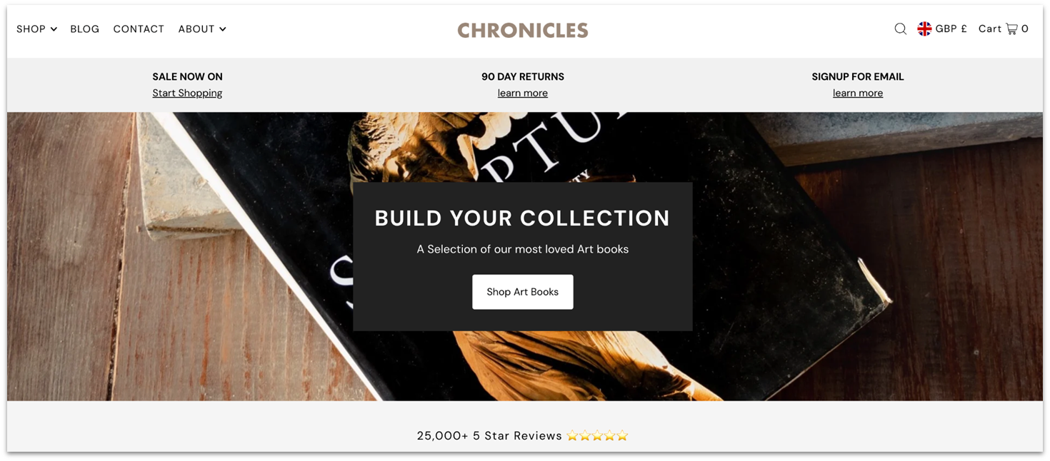 Homepage of Shopify's book store template, showing a site-wide image of a book and a CTA button to start shopping.