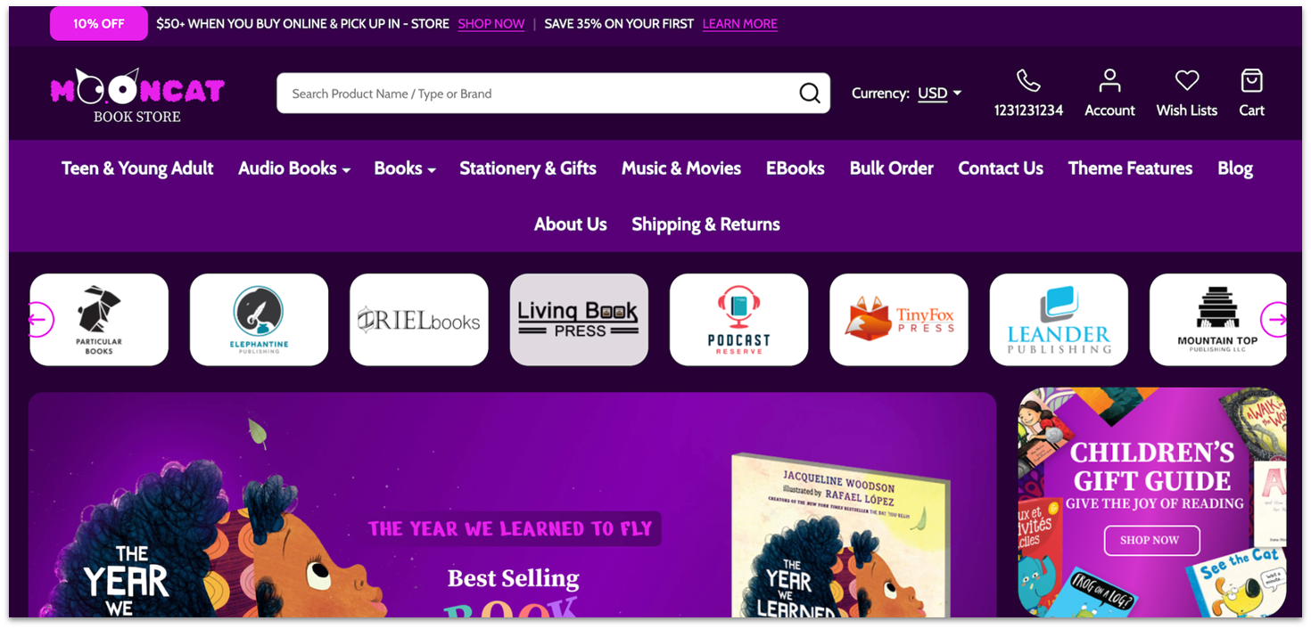 Homepage of BigCommerce's book store template, showing different book covers.