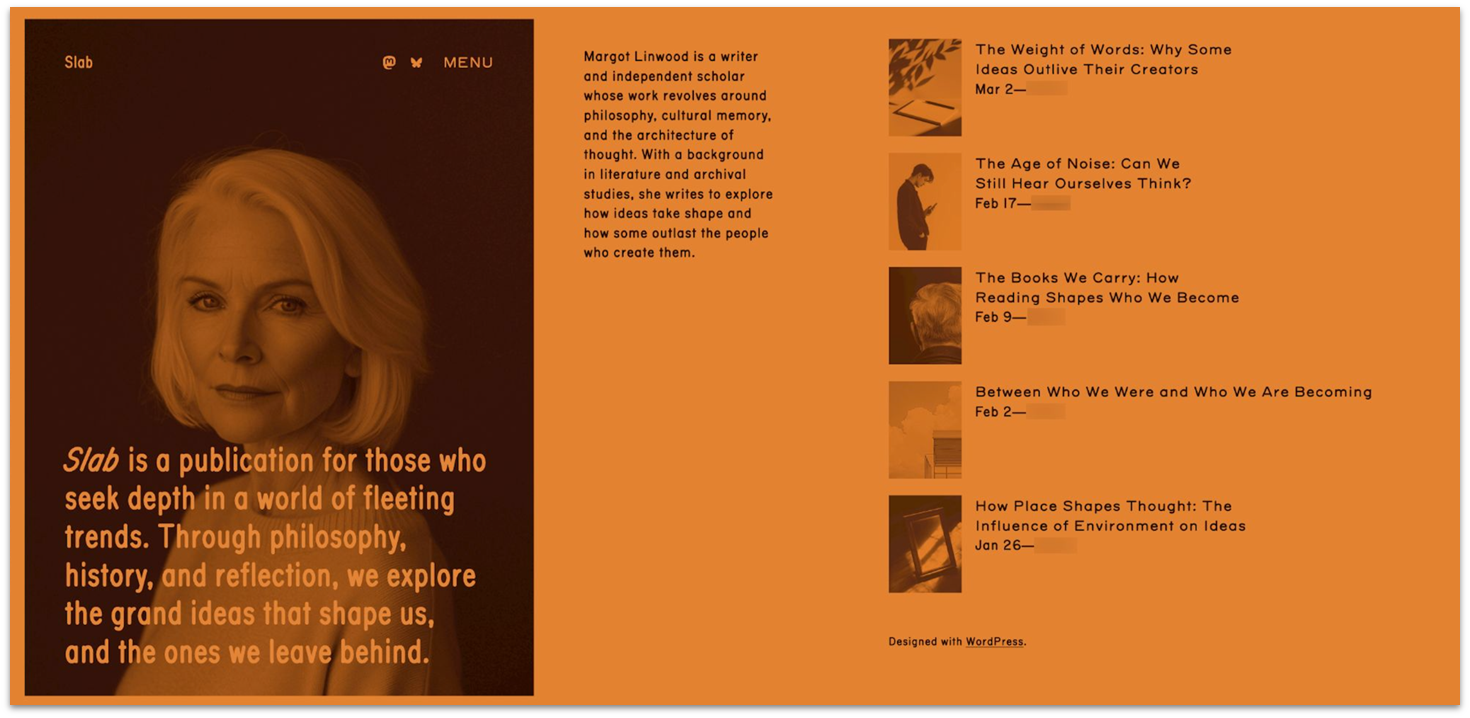 Homepage of WordPress.com's writer theme, showing an image and short bio of the website owner and blog post titles.