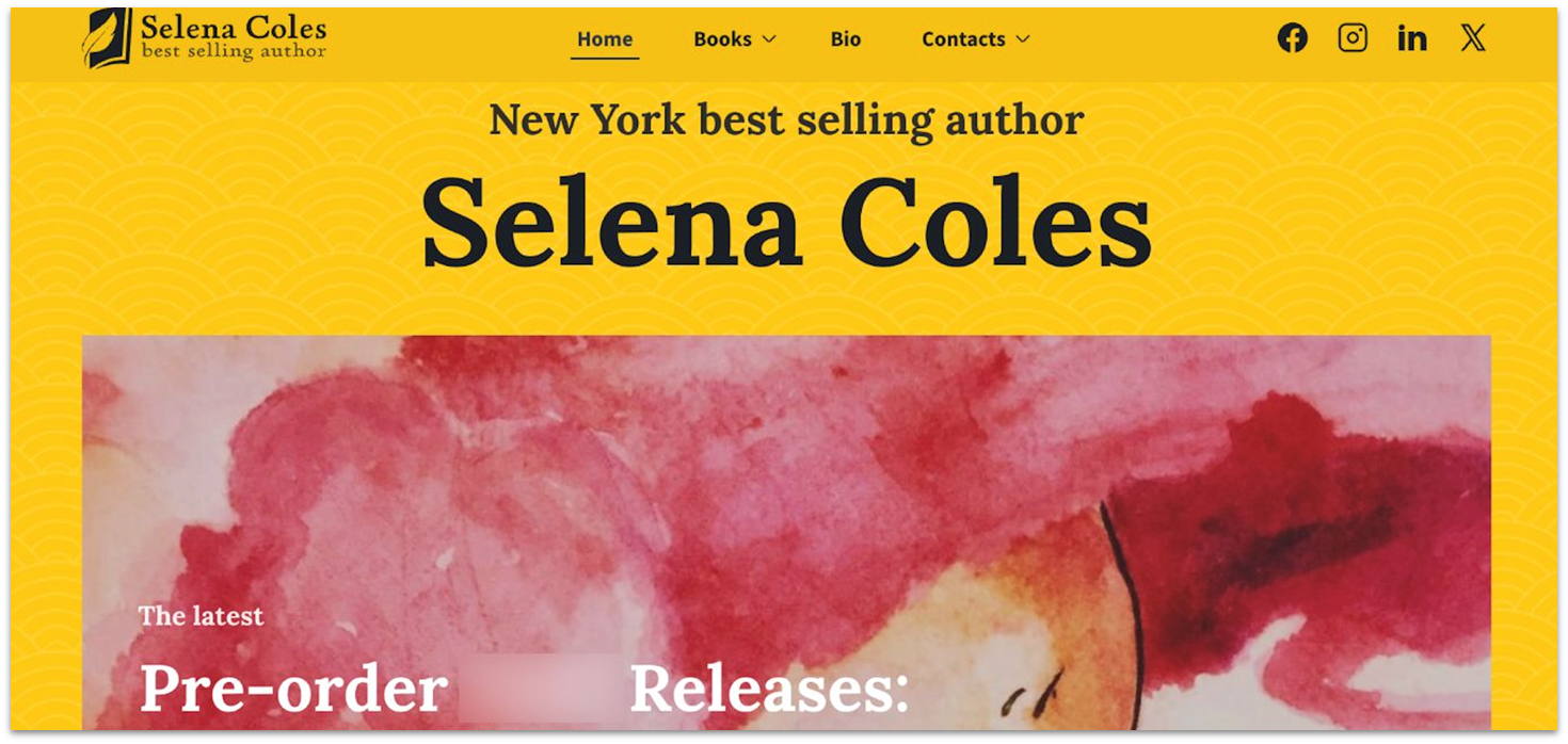 Homepage of Network Solutions' author template, showing the author's name and book cover.