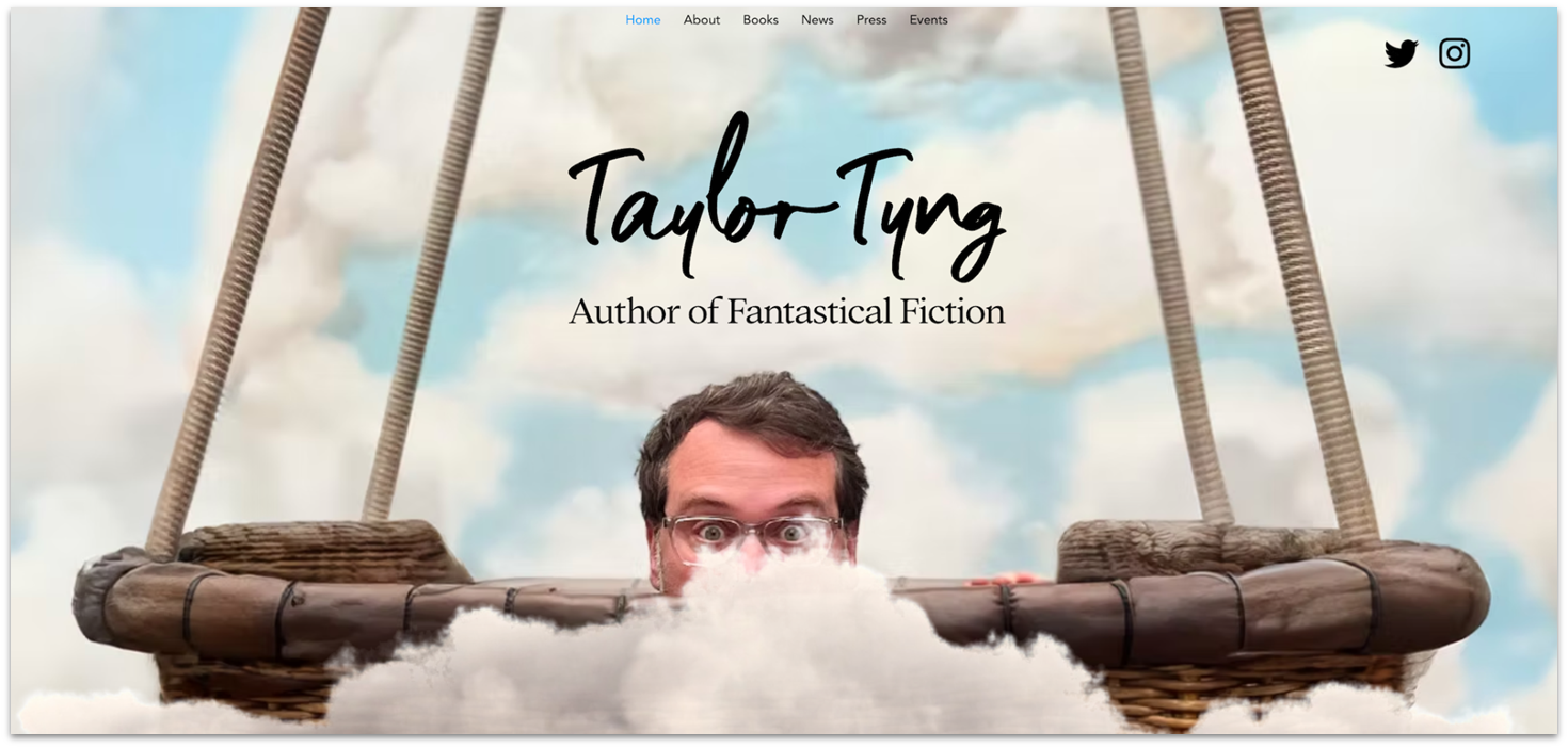 Homepage of author, Taylor Tyng's website, showing the basket of a hot air balloon in the clouds.