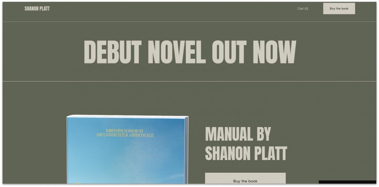 Homepage of Squarespace's author template, showing a blue book and the author's name.