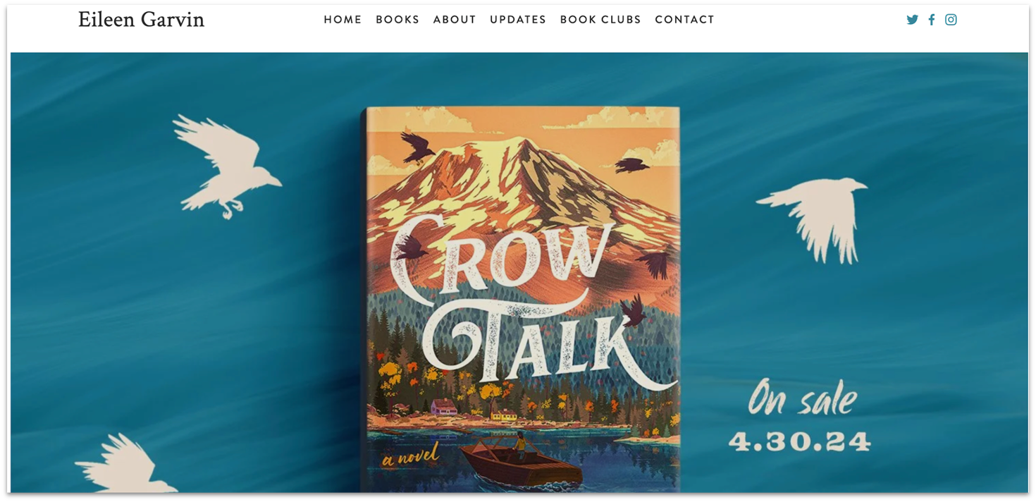 Homepage of novelist Eileen Garvin's website, showing their book cover and release date.