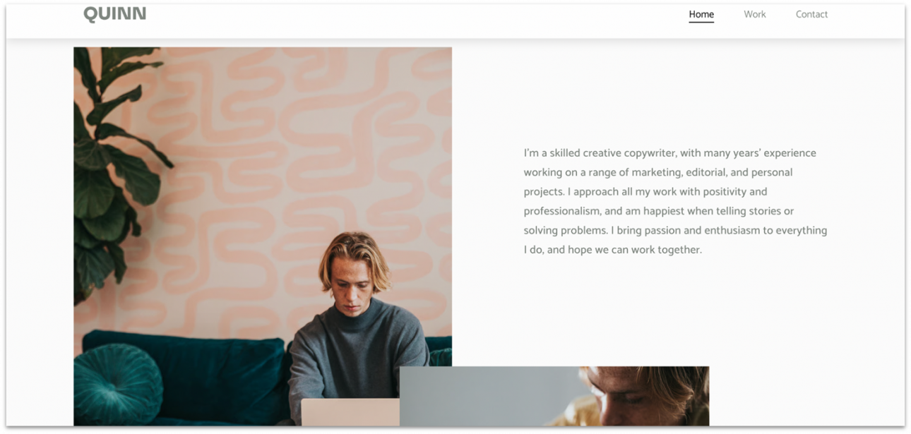 Homepage of Hostinger's copywriter template, showing an individual working on their laptop.
