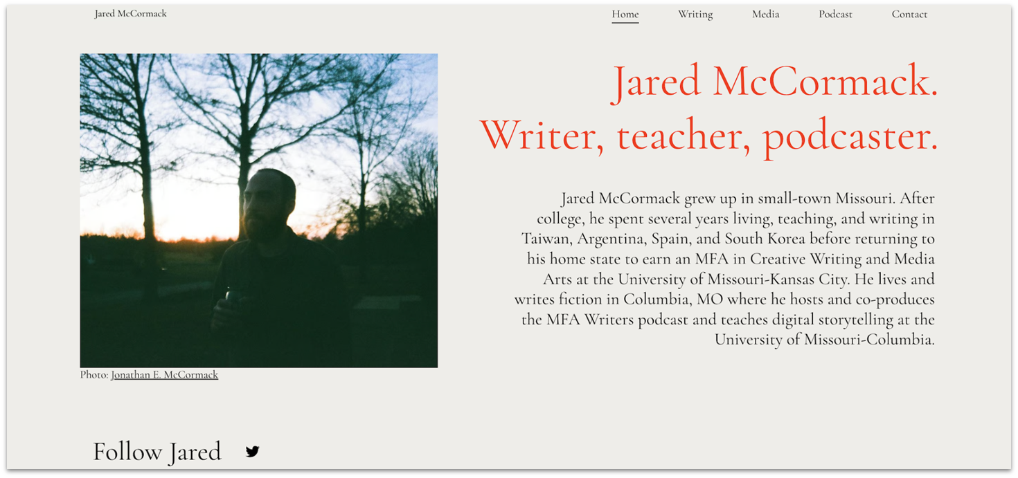 Homepage of author Jared McCormack's website, showing their image, name, title, and bio.