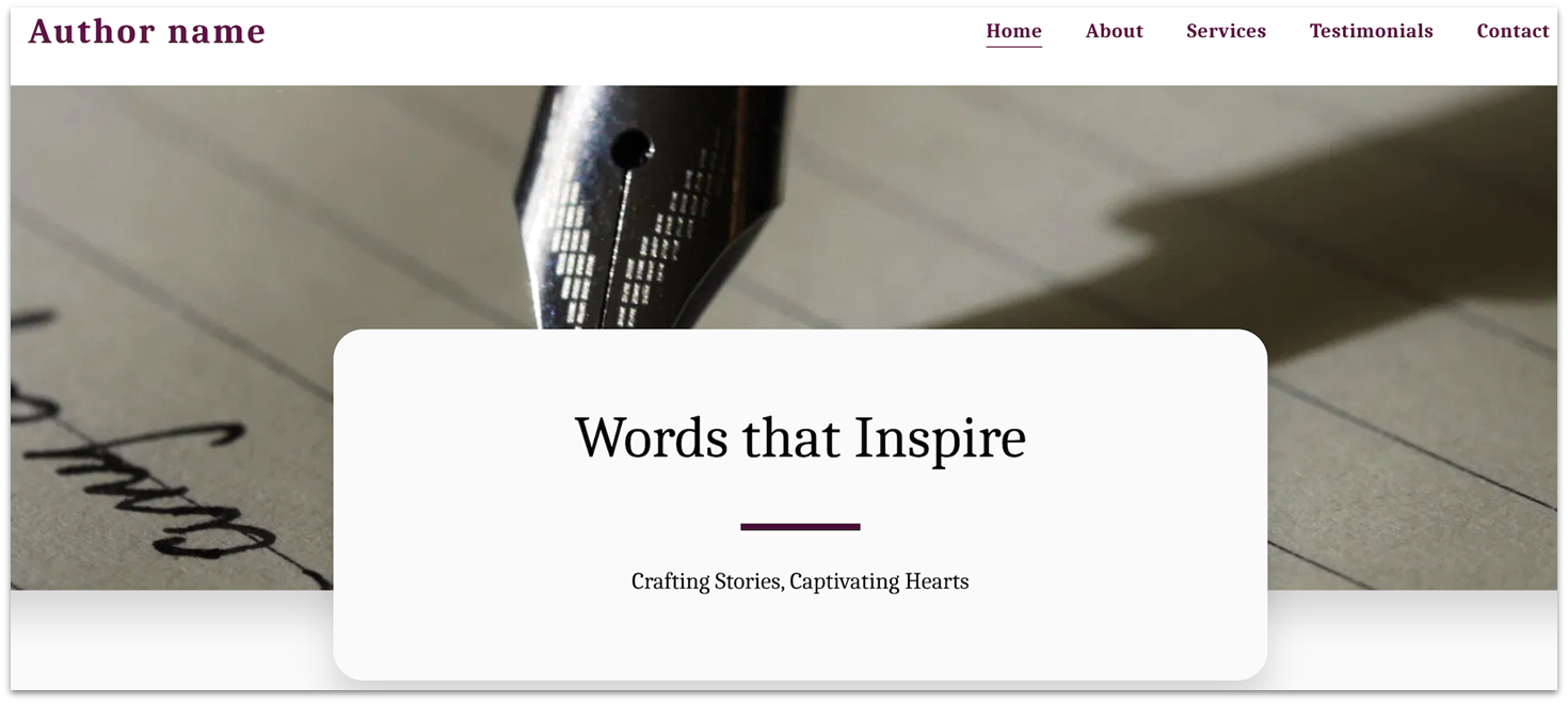 Homepage of SITE123's AI-generated author template, with an image of a fountain pen's mouth.