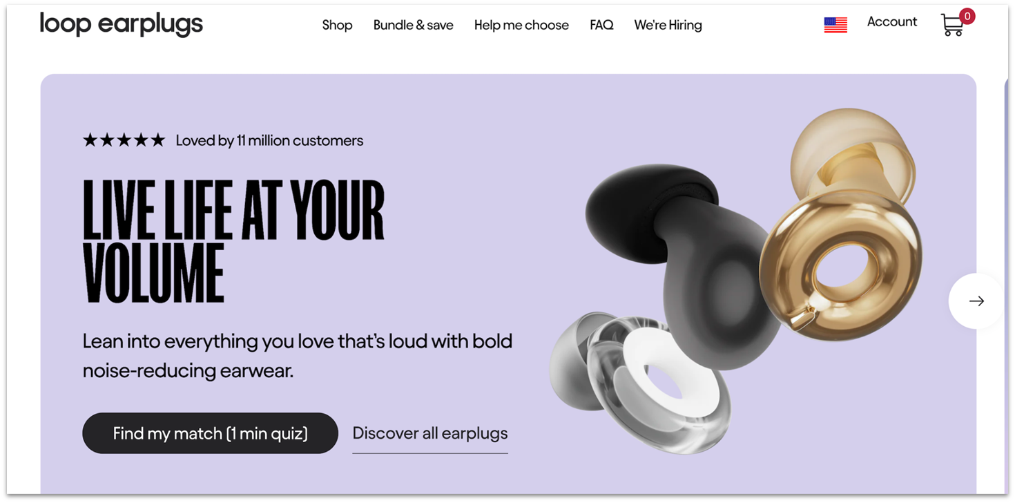 Loop Earplugs' homepage hero section featuring a slogan, customer rating, and images of earplugs.