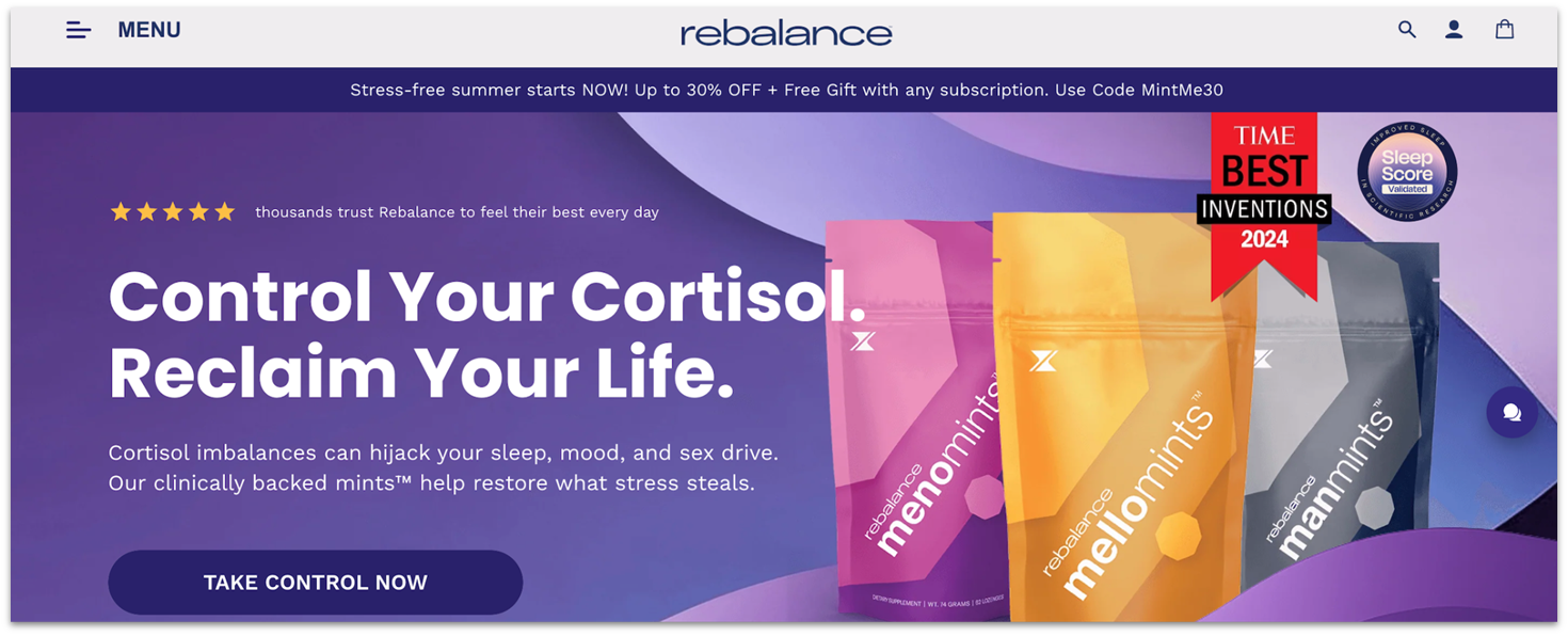 Rebalance Health's homepage showing cortisol products in pink, orange, and grey packs.