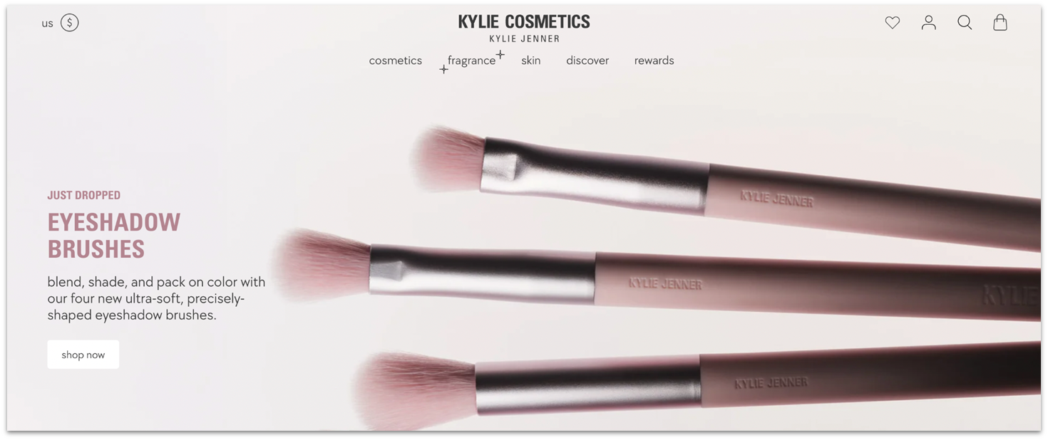 Kylie Cosmetics Shopify Plus example, showing eyeshadow brushes on the homepage.