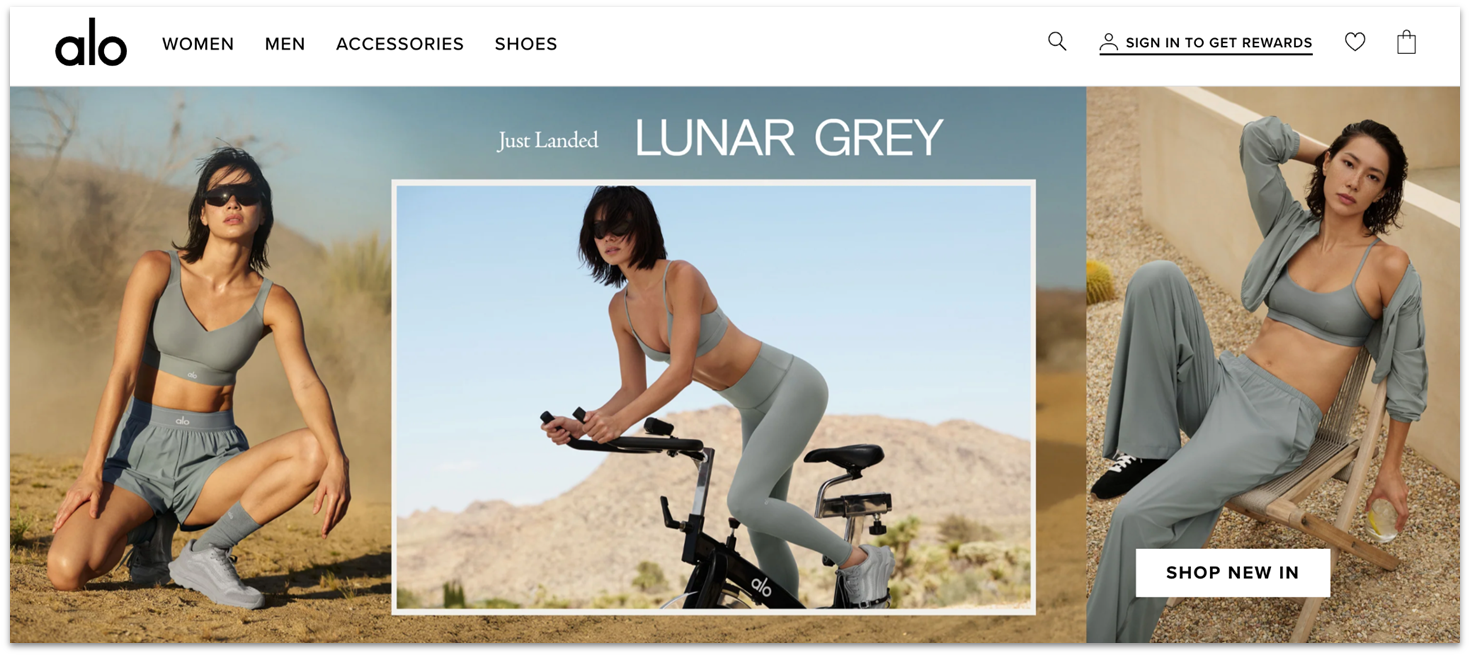 Alo Yoga's homepage showing a model wearing grey leisure wear in three different shots.