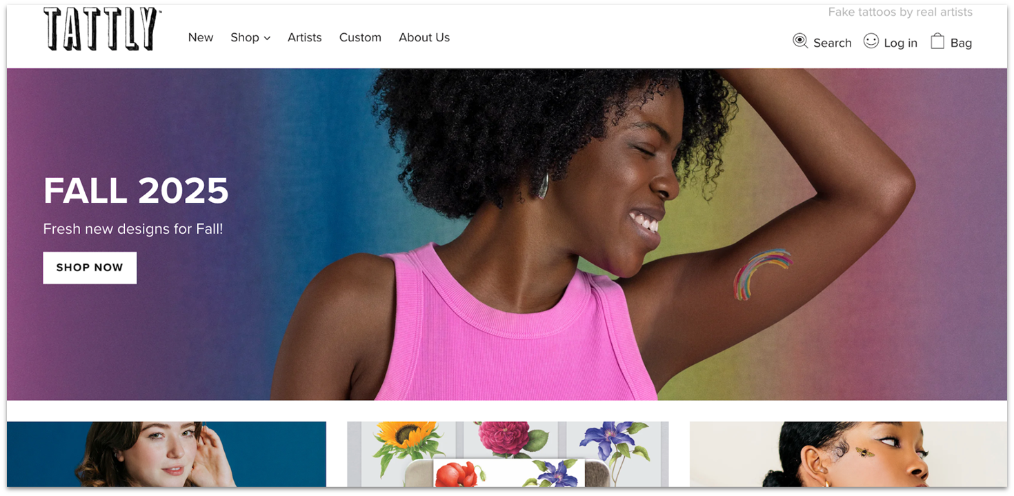 Tattly Shopify store example, showing a woman in a pink tank top and rainbow tattoo.