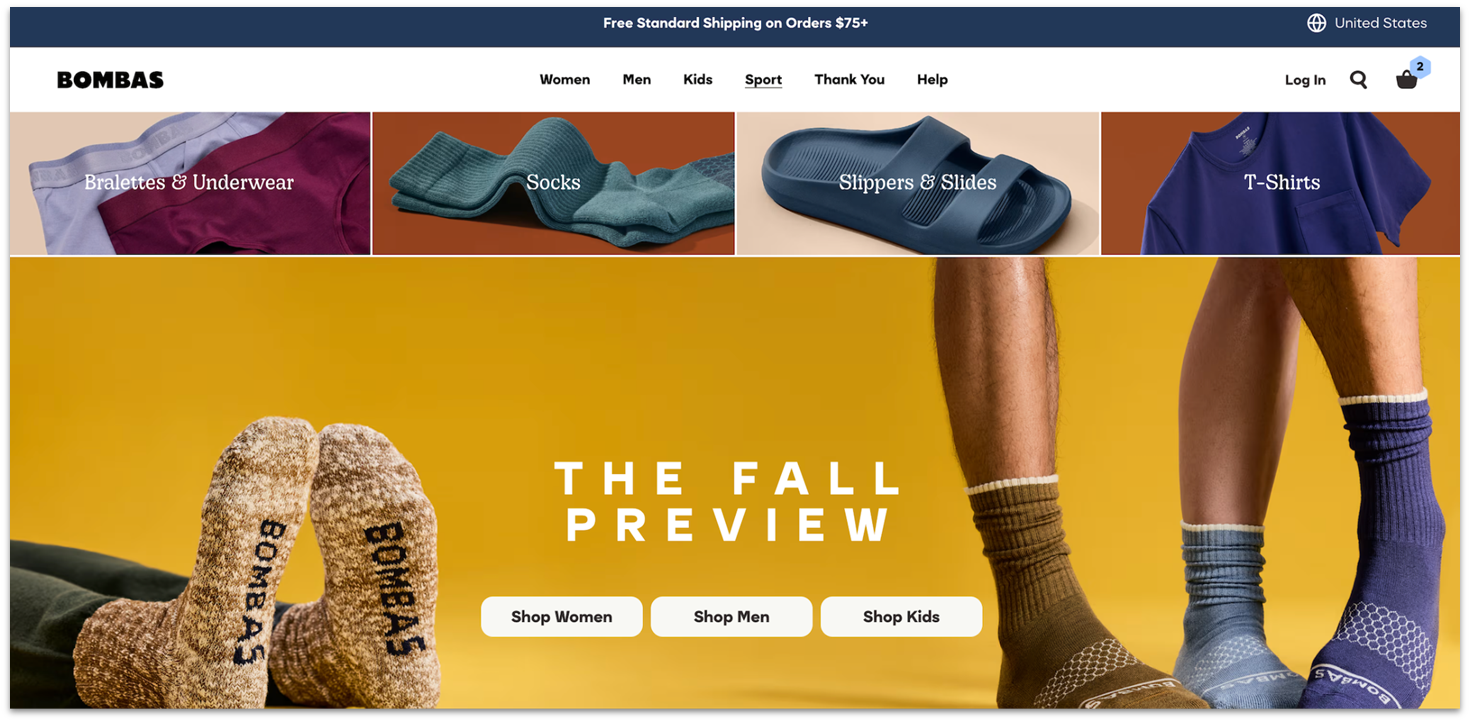 Bombas' homepage showing brown, blue, and purple socks on different feet.