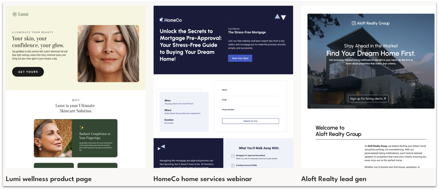 Unbounce's landing page templates Lumi, HomeCo, and Aloft Realty.