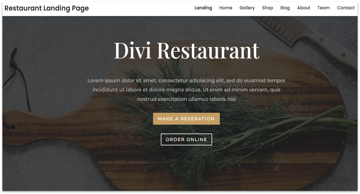 Divi restaurant landing page template.