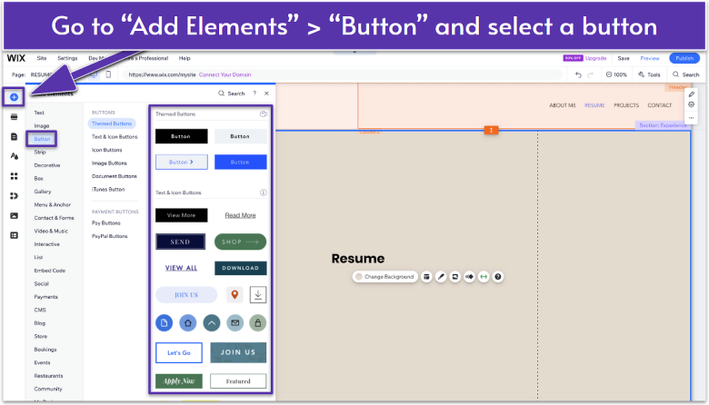 The Wix Editor showing a button being added to the page.