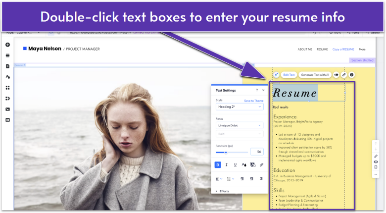 Wix Editor showing a resume page. The text boxes are highlighted, with instructions to double-click text boxes and enter new text to customize the resume.