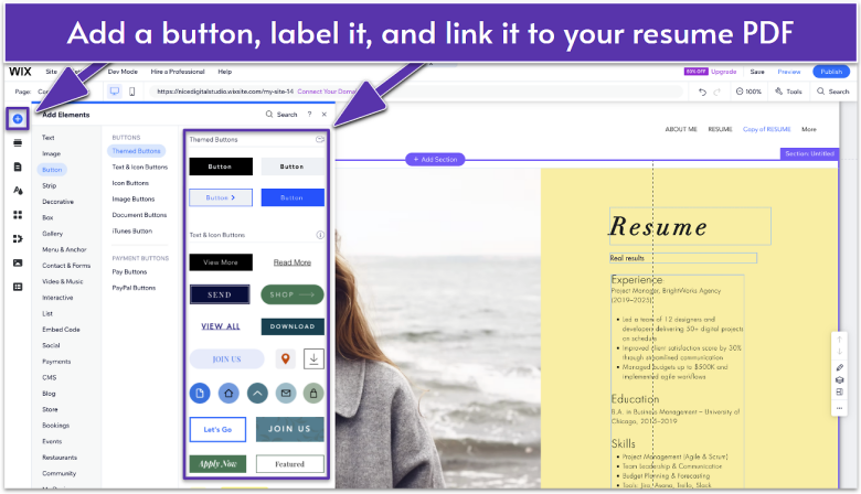 Wix Editor interface with the Add Elements menu open. The Button option is selected, showing various button styles to add to the resume page.