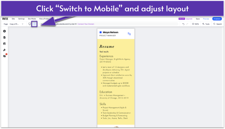 The Wix Editor showing the mobile view icon highlighted. The resume section is displayed in a narrow mobile layout with text adjusted for smaller screens.