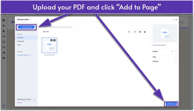 The Upload Media window in Wix where a PDF resume file is being uploaded from a computer.