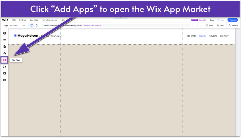 The Wix Editor (Resume page) with the left sidebar’s Apps button (nine-dot icon) highlighted and an arrow/tooltip “Add Apps,” showing where to open the Wix App Market.