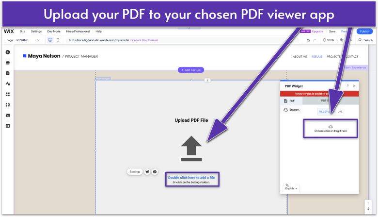 Wix Editor showing the PDF Widget added to the page. An arrow points to the “Choose File” option in the widget panel, where users can upload their PDF resume.