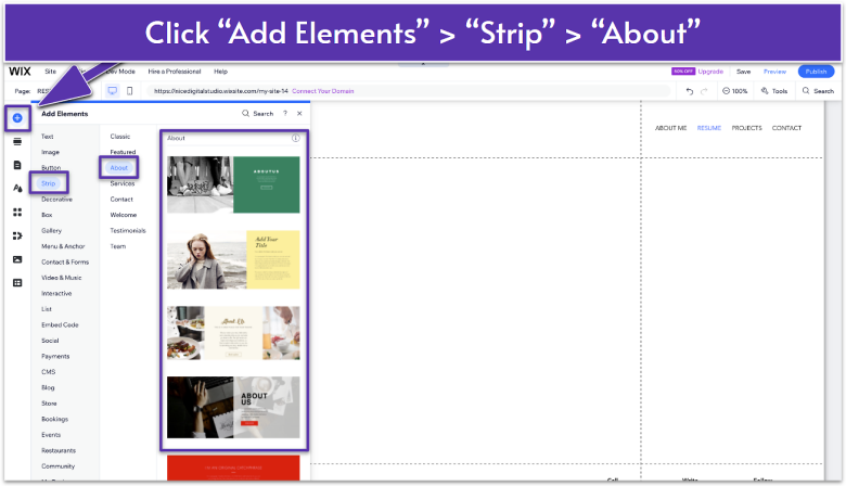 Wix Editor with Add Elements panel open. The Strip option is expanded to show About section layouts that can be added to the resume page.