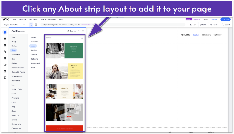 An About layout being added to the page as a base for the resume section.