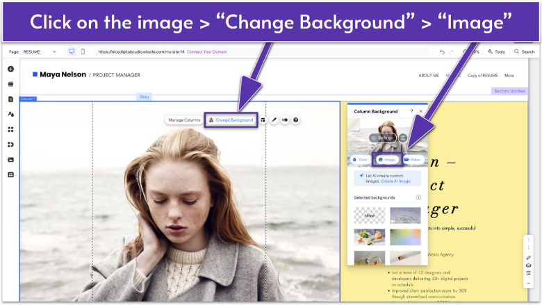 Wix Editor screen showing the Change Background menu open for a column. The Image option is highlighted to replace the default background photo.