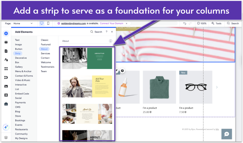 Wix Editor showing the Add Elements panel with the Strip option highlighted.