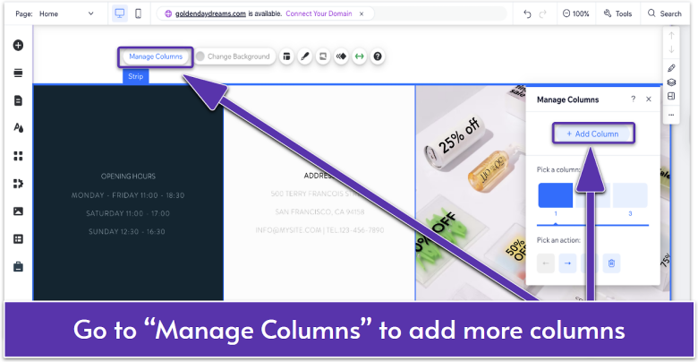 Wix Editor with the Manage Columns panel open, showing the option to add a new column and adjust the layout.