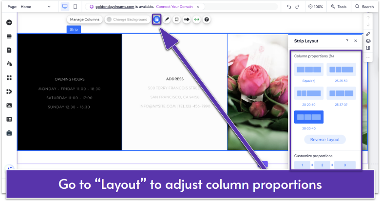 Wix Editor with Strip Layout panel open, showing column proportion options for adjusting spacing between columns.