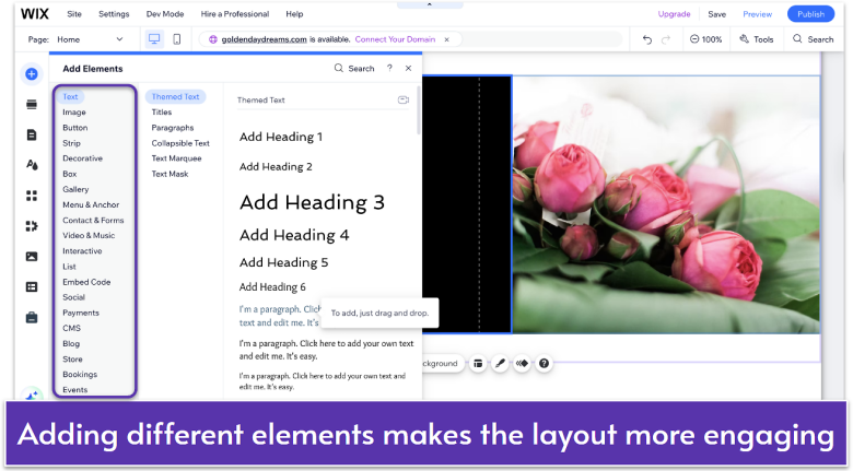 Wix Editor Add Elements menu open, showing text heading options to drag into a column.