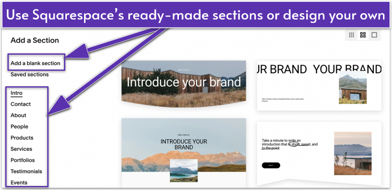 Squarespace's editor interface, showing how to add sections to a template.