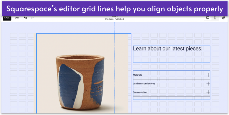 Squarespace's editor interface, showing an image alignment within grid lines.