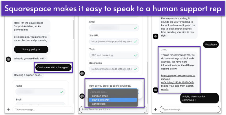 Squarespace's live chat interface showing a conversation about SEO settings with a human representative.