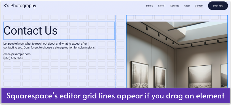 Squarespace's editor interface, showing its grid lines.