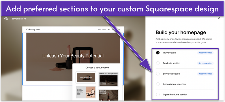 Squarespace's AI builder interface, showing the customization of the homepage.