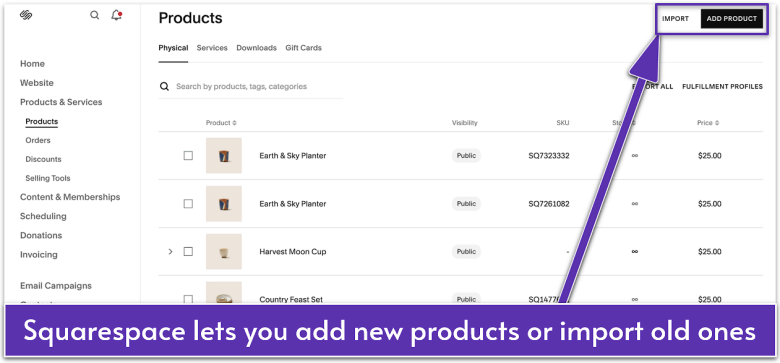 Squarespace's product management interface, showing different products and how to add more.