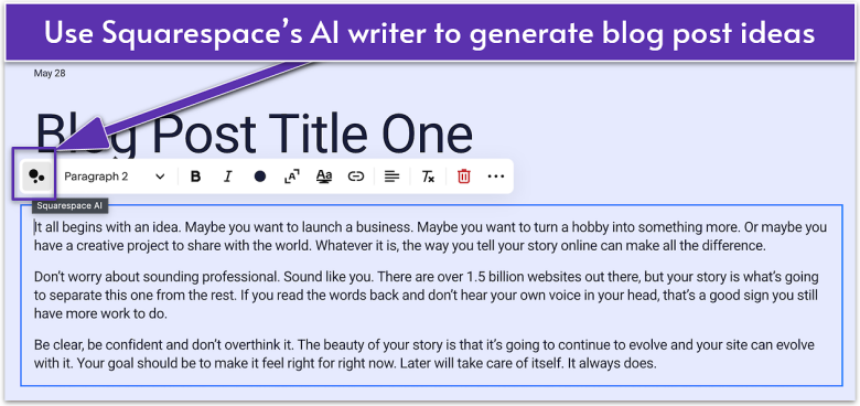 Squarespace's editor interface showing how to edit a text with its AI writer.