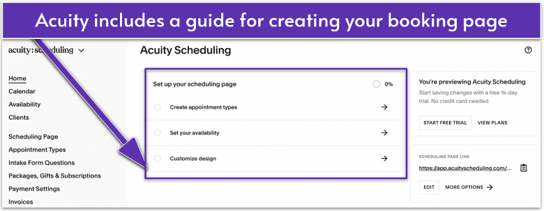 Acuity Scheduling interface showing its setup guide.