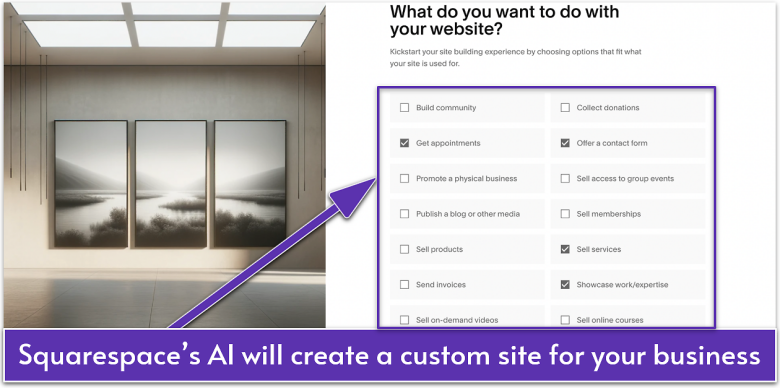 Squarespace's AI questionnaire showing a checklist of website customization options.