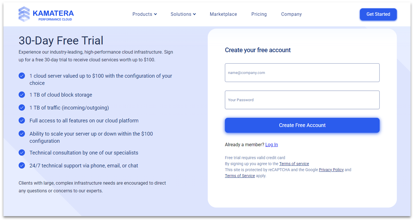 Kamatera 30-day free trial login screen with description of free features.