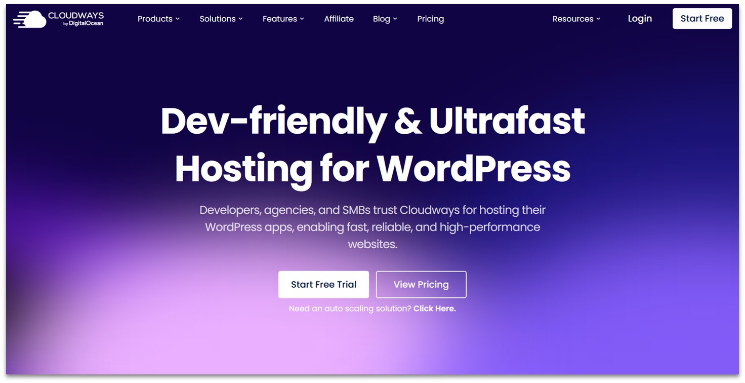 CloudWays WordPress cloud hosting with free trial.
