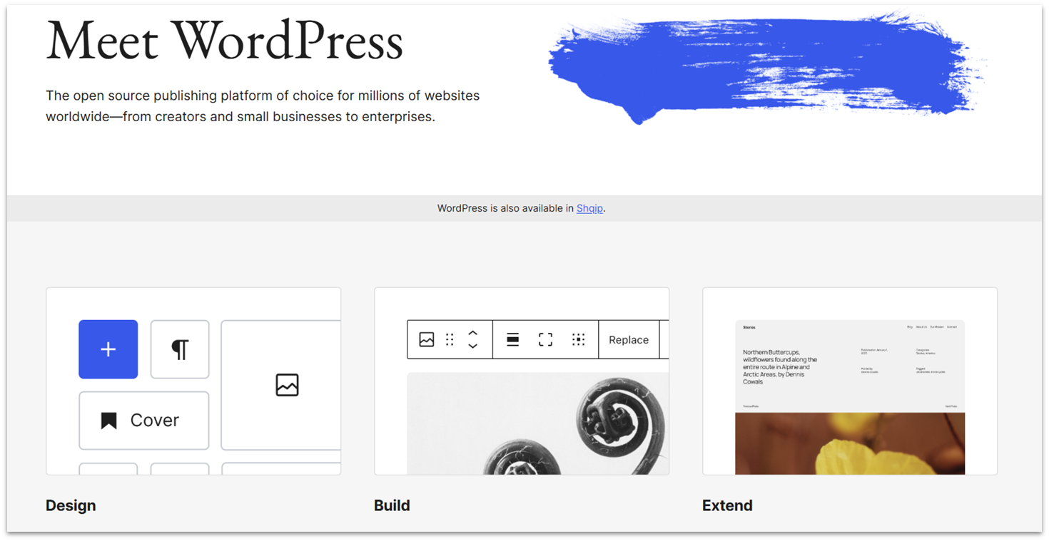 Homepage of WordPress.org software for building websites.