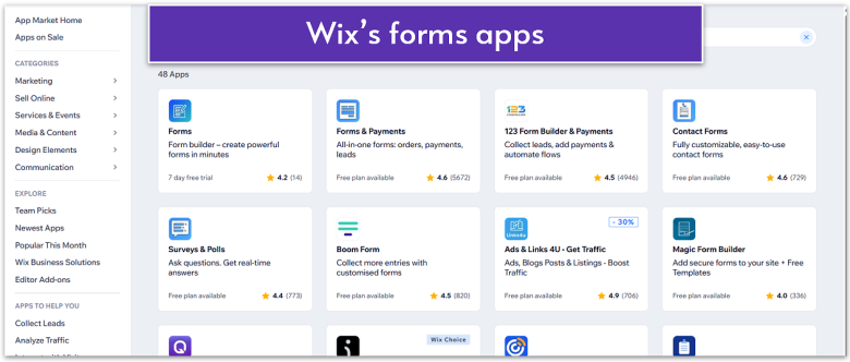 Wix App Market page showing results for forms apps.