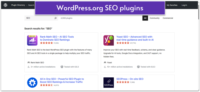WordPress.org plugin directory page showing results for SEO plugins.
