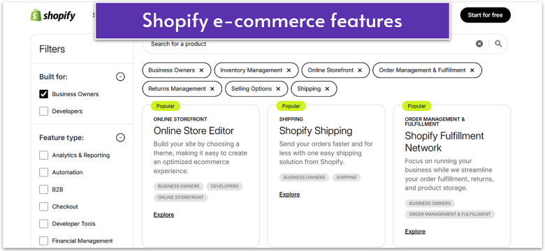 Shopify "Products" page showing results for e-commerce features.