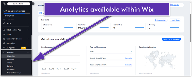 Wix dashboard showing with Analytics drop-down menu open.